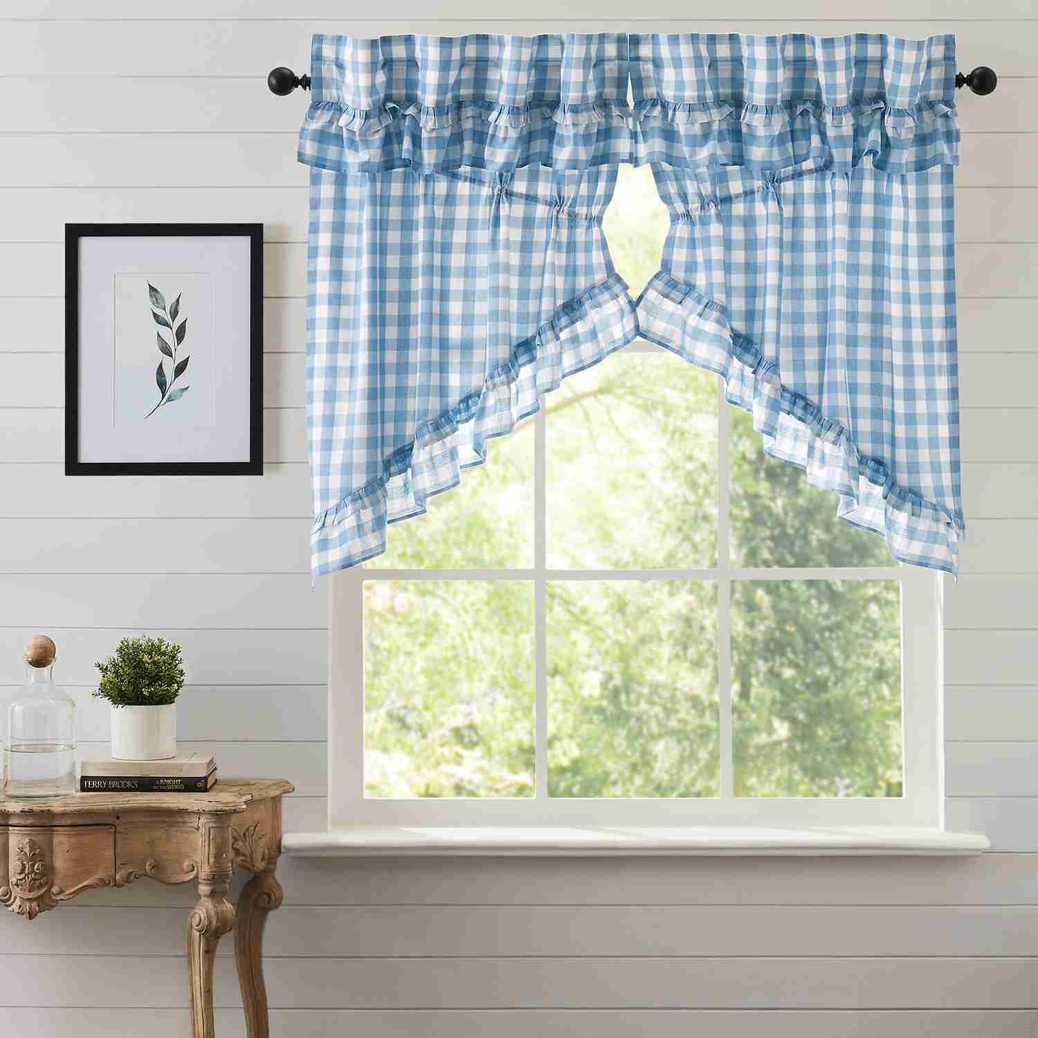 Elegant Buffalo Blue Check Ruffled Swag Curtains Set of 2