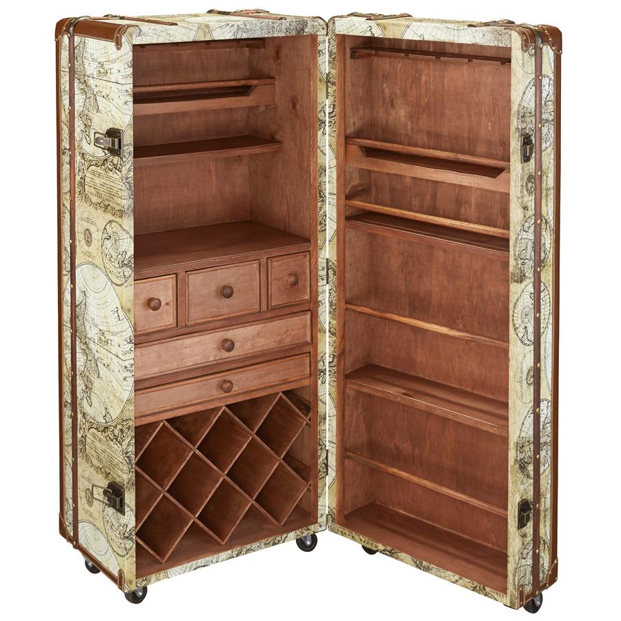 Vintage World Map Steamer Trunk Bar Cabinet