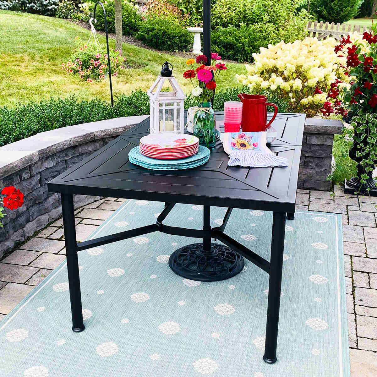 Phi Villa Outdoor Metal Rectangle Dining Table with Umbrella Hole