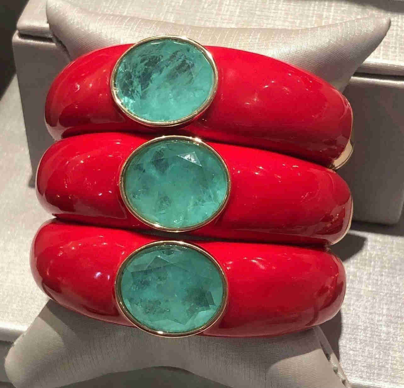 Italian Red Enamel Paraiba Stone 18K Gold Plated Bangle