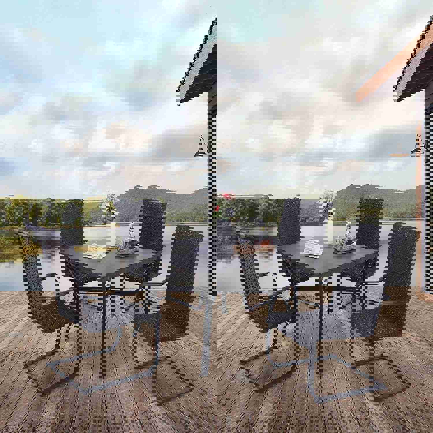 PHI VILLA 5-Piece Outdoor Dining Set with Durable Rattan Chairs and Steel Table