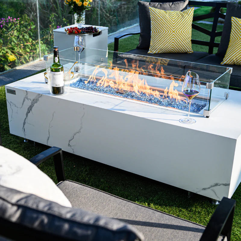 Elementi Plus Carrara Rectangular Marble Fire Pit Table | Luxurious Outdoor Heating