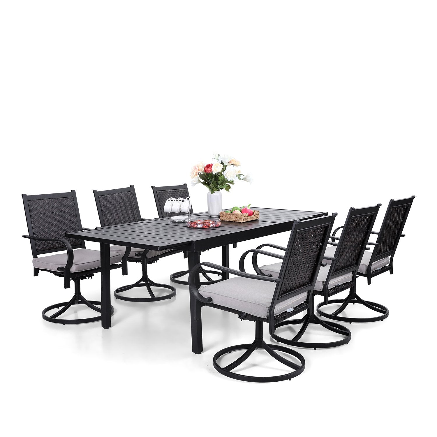 PHI VILLA Outdoor Patio Dining Set with Rattan Swivel Chairs and Extendable Steel Table