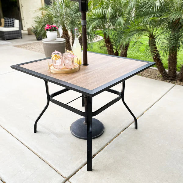 PHI VILLA 6-Piece Outdoor Dining Set with 10ft Umbrella, Wood-Look Square Table, Cushioned Rattan Chairs