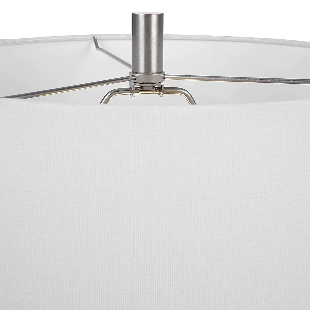Stylish 27 Inch Silver Metal Table Lamp with White Linen Shade
