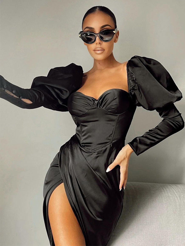 Irvingwad Black V-neck Ruffled Slim Long Sleeve Dress