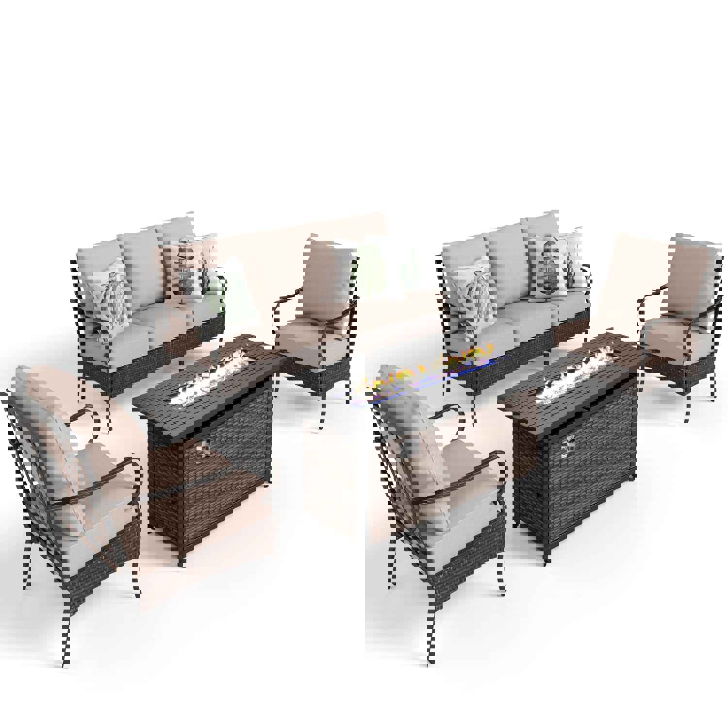 Phi Villa 5-Seater Outdoor Steel & Rattan Sofa Set with Fire Pit