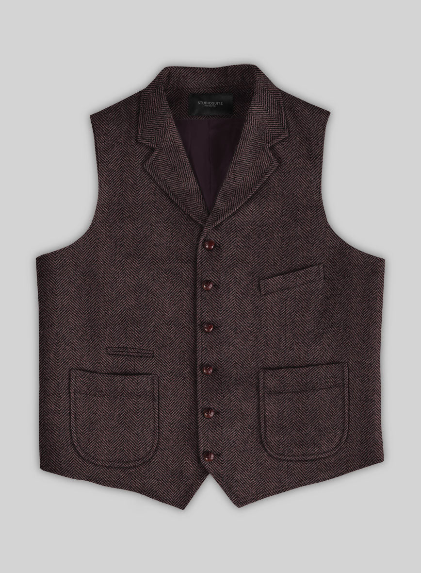 Elegant Italian Dark Wine Herringbone Tweed Hunting Vest