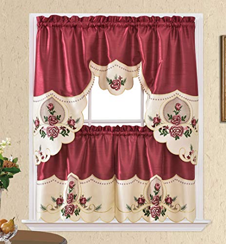 Elegant Burgundy Rose Melody Kitchen Curtain Set with Embroidered Swag and Tiers
