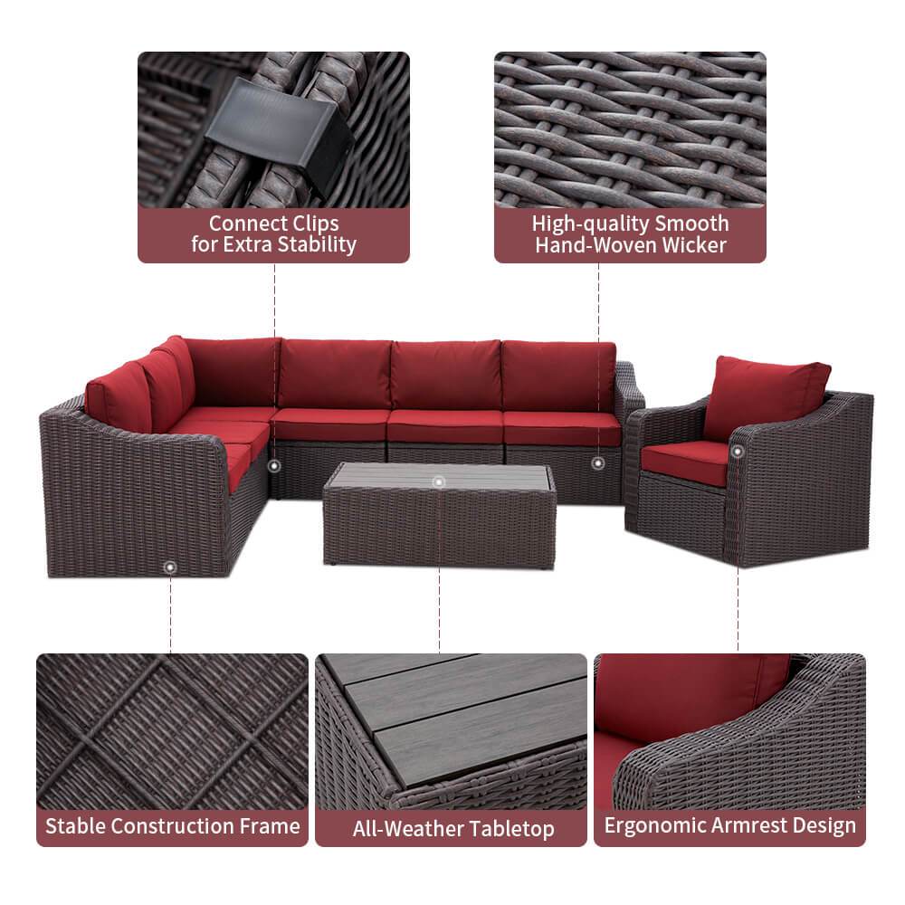8-Piece Outdoor Sectional Sofa Set with 44" Propane Gas Fire Pit, Brown Rattan, Red Cushions & Coffee Table