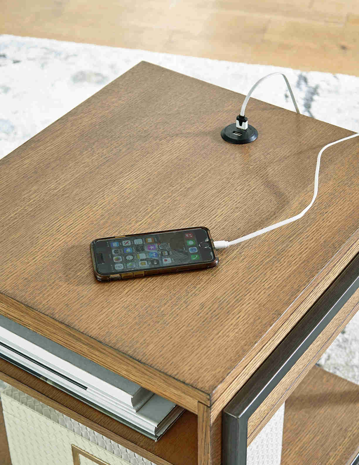 Fridley Modern Oak and Metal End Table with Charging Port