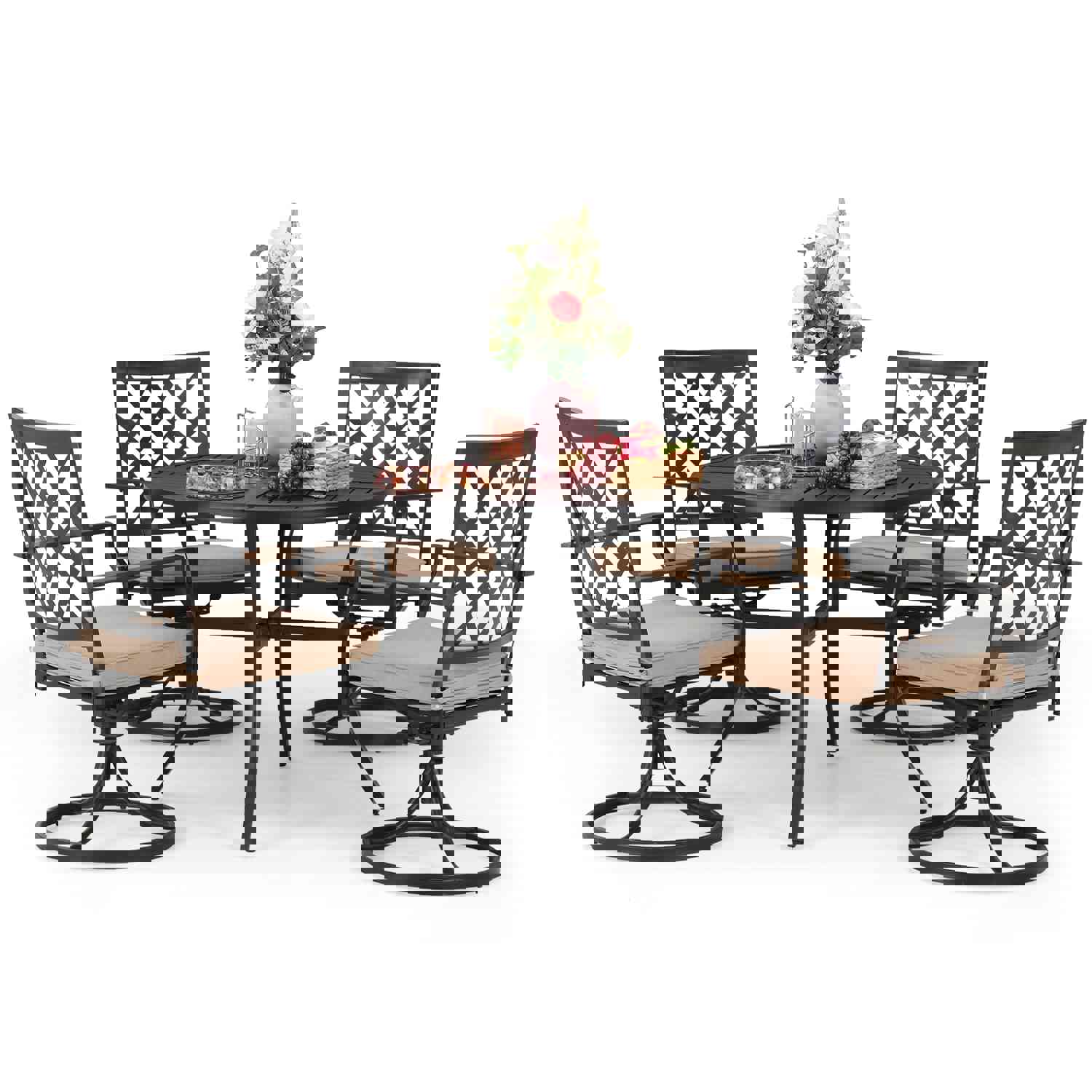 PHI VILLA 5-Piece Outdoor Dining Set with 6 Swivel Chairs and Round Steel Slat Table