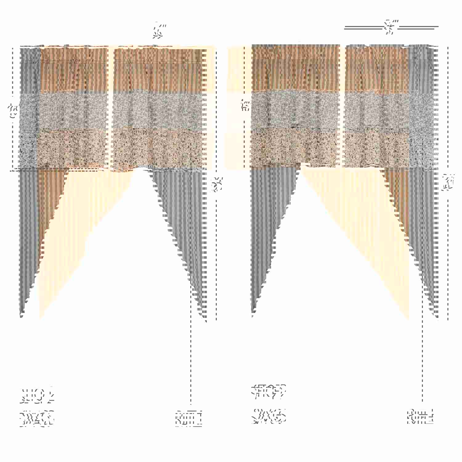 Elegant Farmhouse Style Kaila Ticking Gold Ruffled Swag Curtains