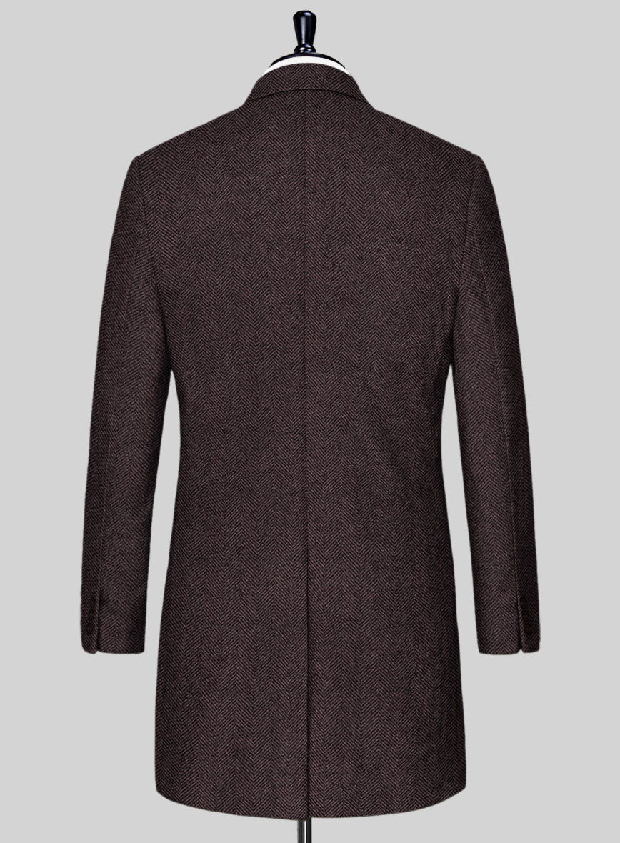 Elegant Dark Wine Herringbone Tweed Overcoat
