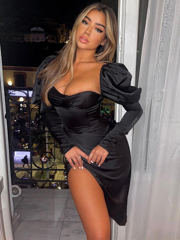 Irvingwad Black V-neck Ruffled Slim Long Sleeve Dress