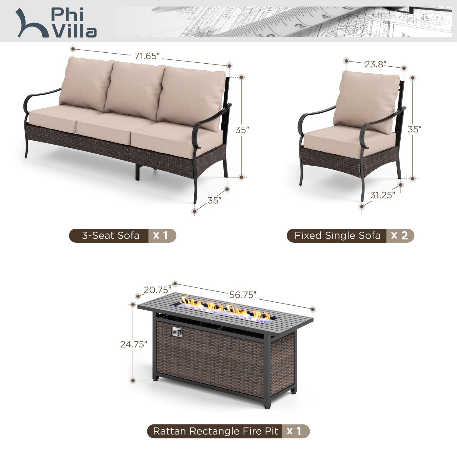 Phi Villa 5-Seater Outdoor Steel & Rattan Sofa Set with Fire Pit