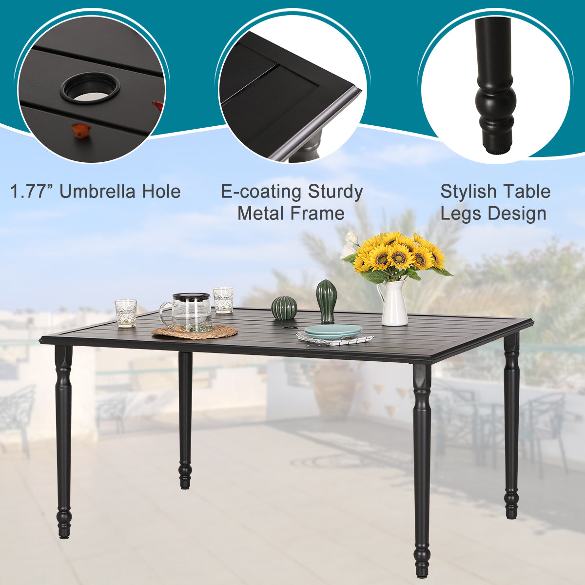 PHI VILLA 7-Piece Outdoor Dining Set with Metal Steel Chairs and Rectangle Table