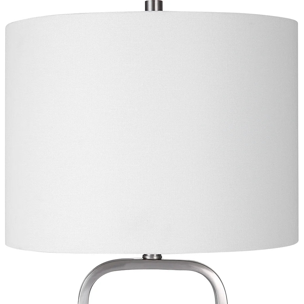 Stylish 27 Inch Silver Metal Table Lamp with White Linen Shade