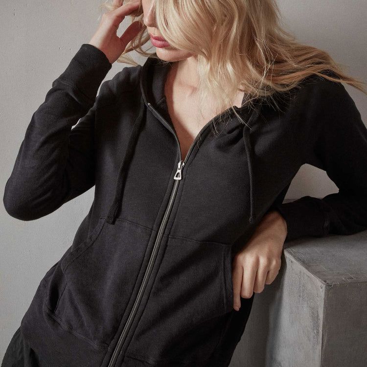 Vintage French Terry Zip-Up Hoodie in Black