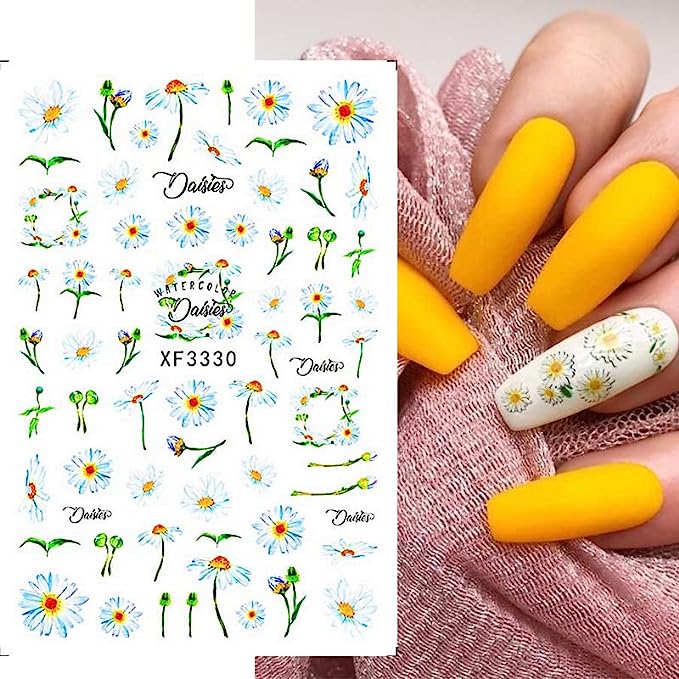 Daisy Nail Art Sticker Decals - 12 Sheets of 3D Floral Designs for Spring and Summer