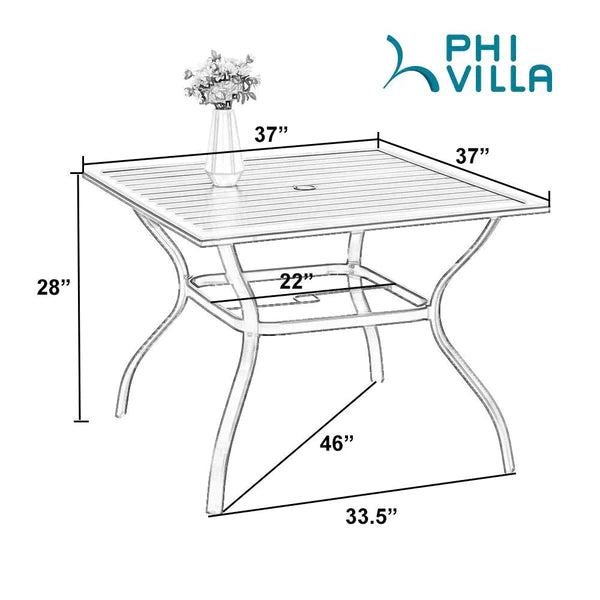 PHI VILLA 6-Piece Outdoor Dining Set with 10ft Umbrella, Steel Square Table, Swivel Chairs