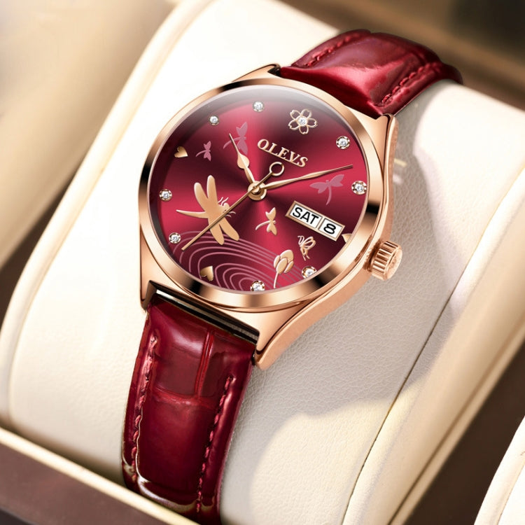 OLEVS 6611 Dragonfly Dual Calendar Mechanical Ladies Watch (Wine Red)