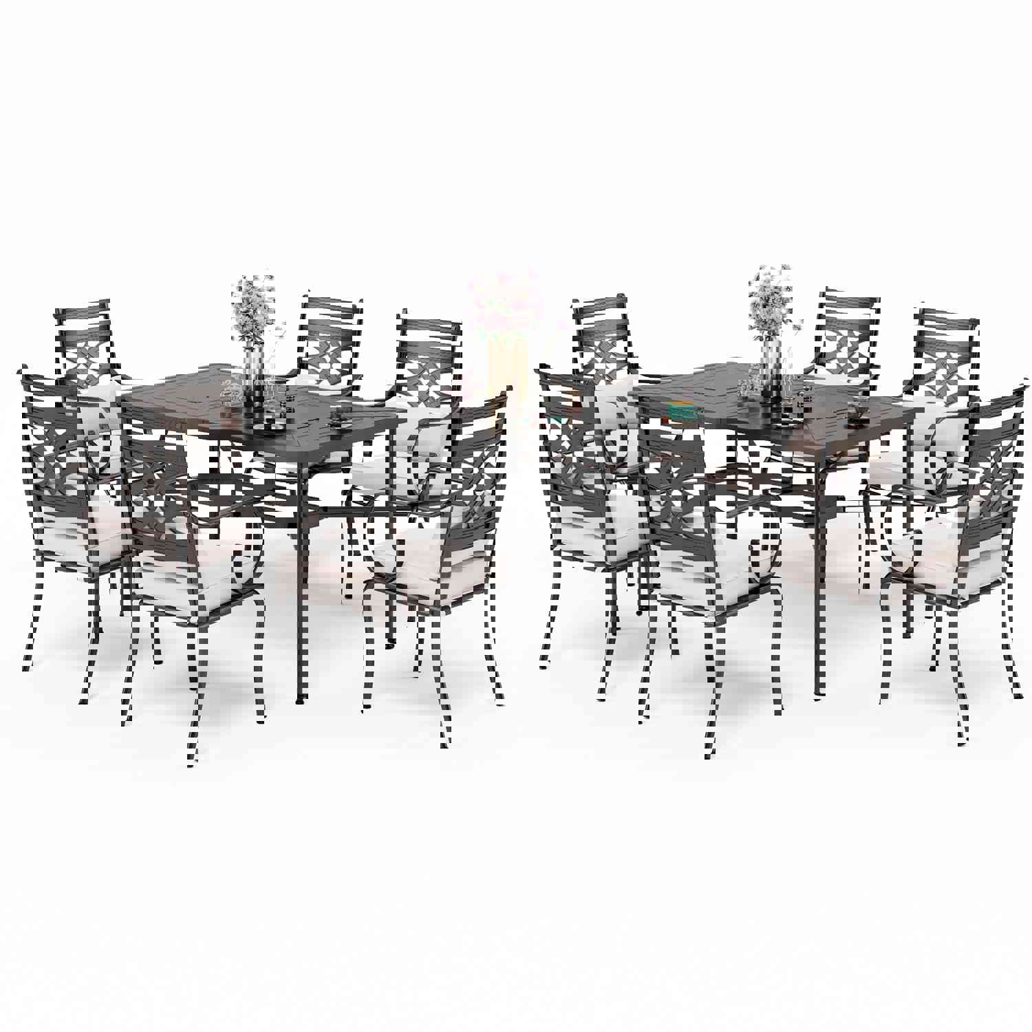 PHI VILLA 7-Piece Outdoor Dining Set with Metal Steel Chairs and Rectangle Table