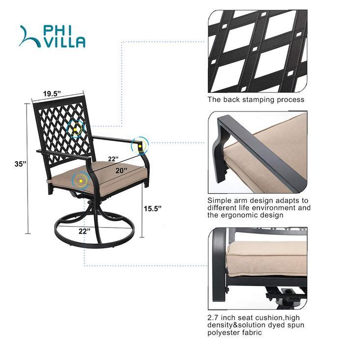PHI VILLA 5-Piece Outdoor Dining Set with 6 Swivel Chairs and Round Steel Slat Table