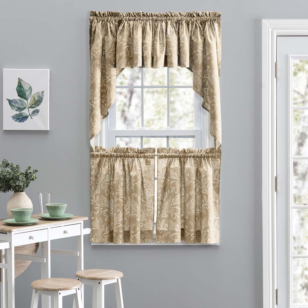 Ellis Curtain Lexington Leaf Pattern Tailored Swags 56x36 Tan