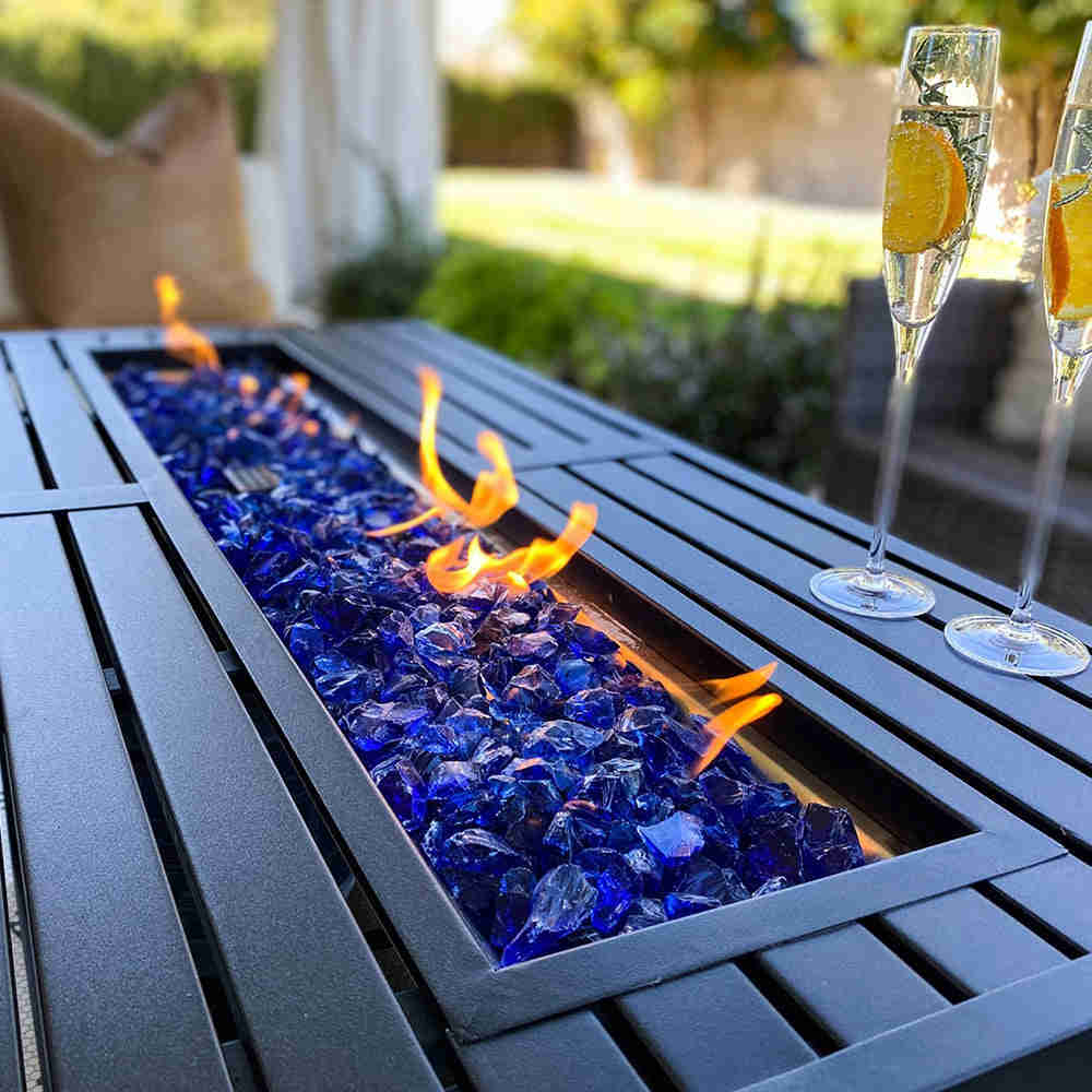 PHI VILLA 50,000 BTU Outdoor Rectangle Metal Gas Fire Pit Table with Blue Glass