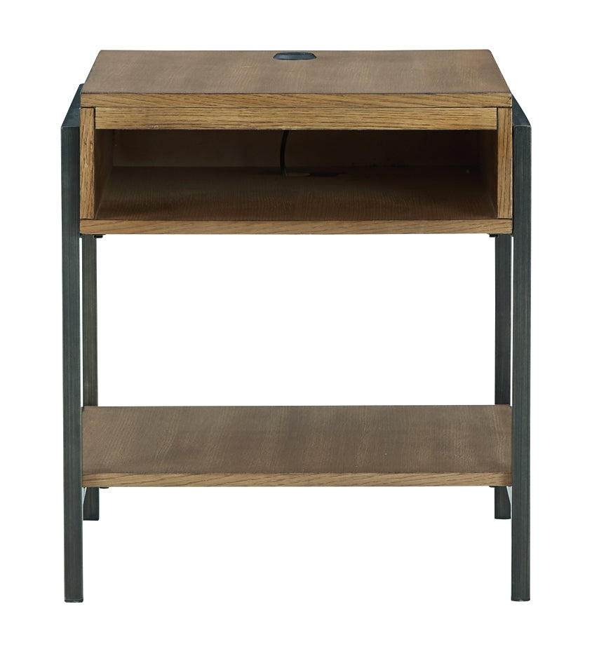 Fridley Modern Oak and Metal End Table with Charging Port