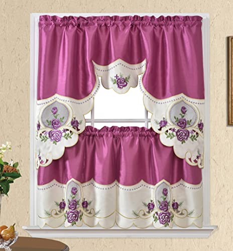 GOHD GOLDEN OCEAN HOME DECOR Rose Melody Fuchsia Kitchen Cafe Curtain Set