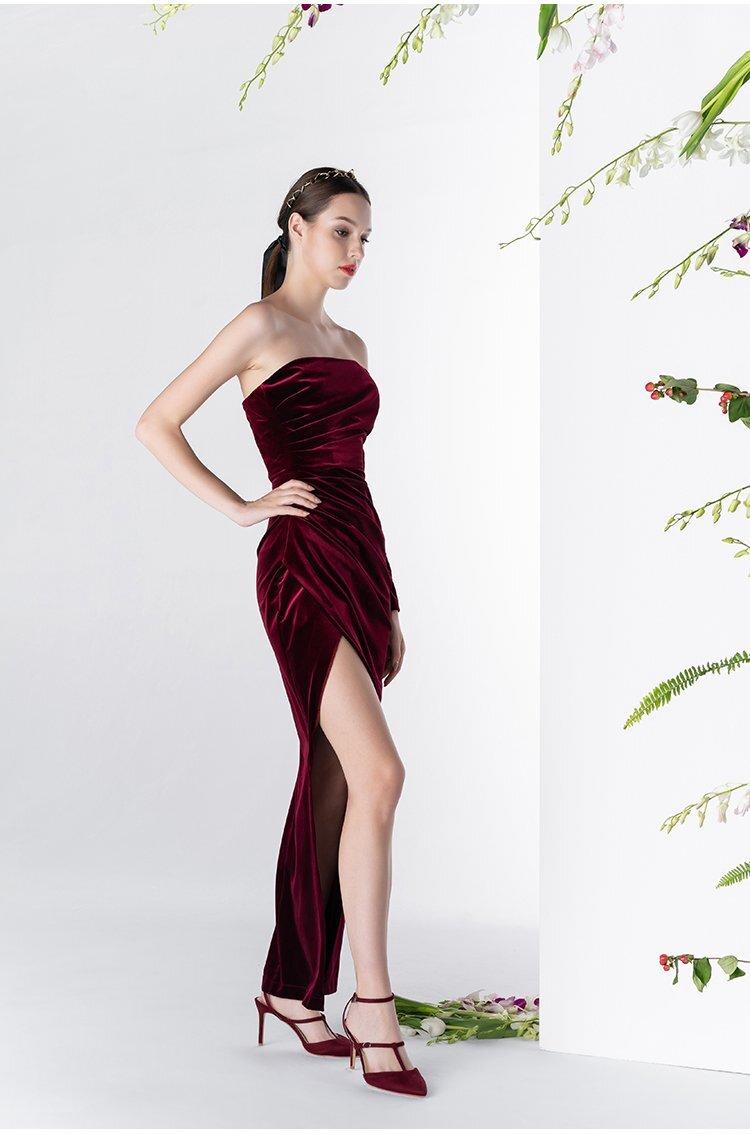 Elegant Vintage Wine Red Velvet One-Sleeved Prom Dress