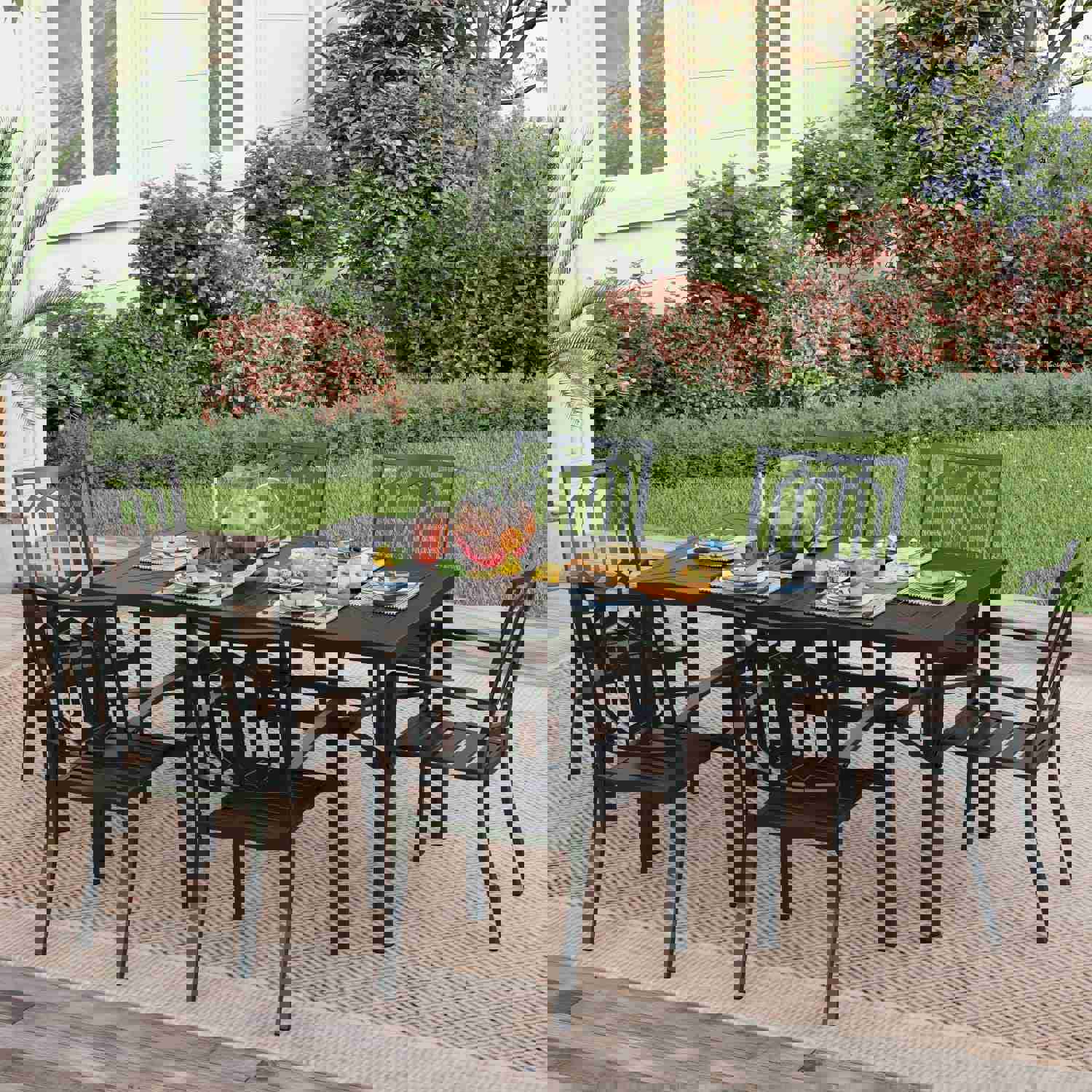 PHI VILLA 7-Piece Outdoor Patio Dining Set with Stackable Chairs and Rectangle Table