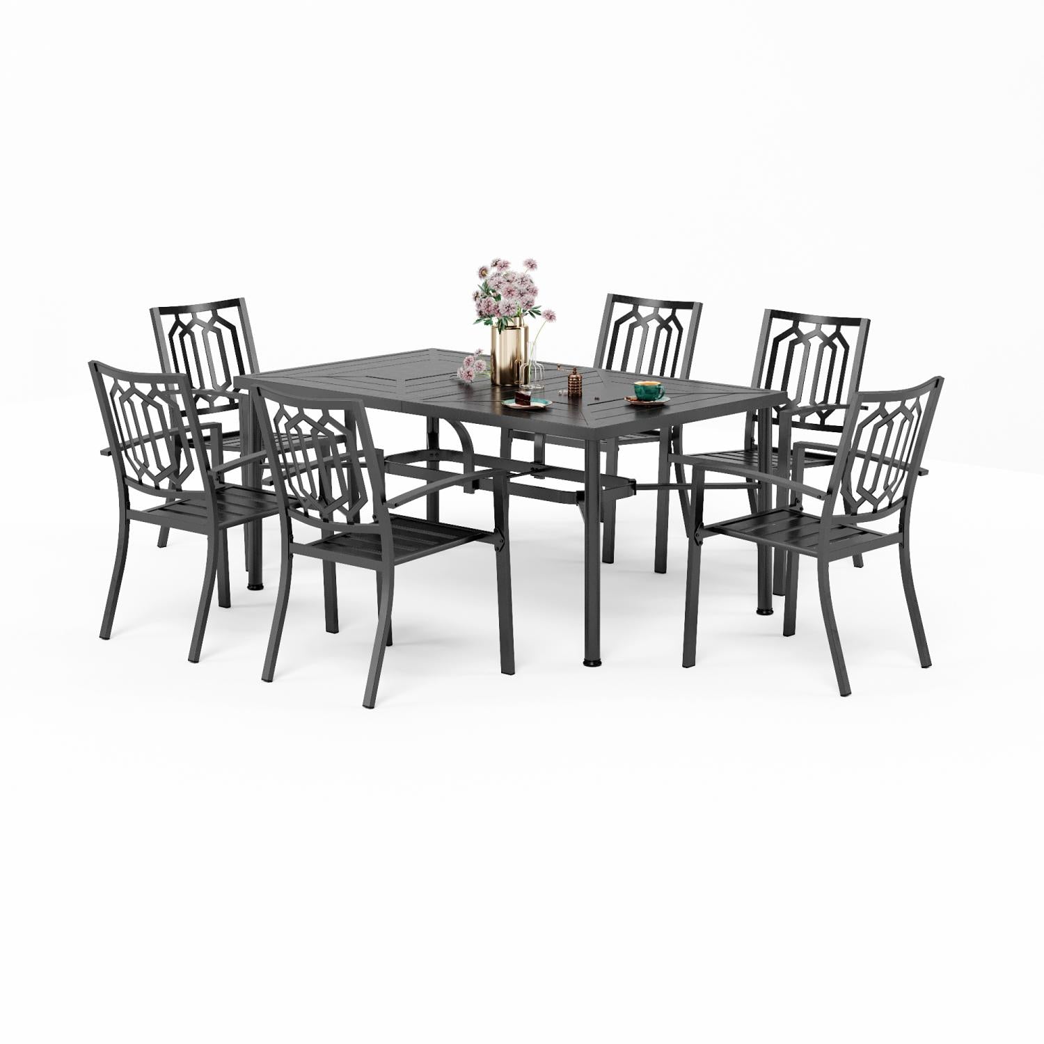 PHI VILLA 7-Piece Outdoor Patio Dining Set with Stackable Chairs and Rectangle Table