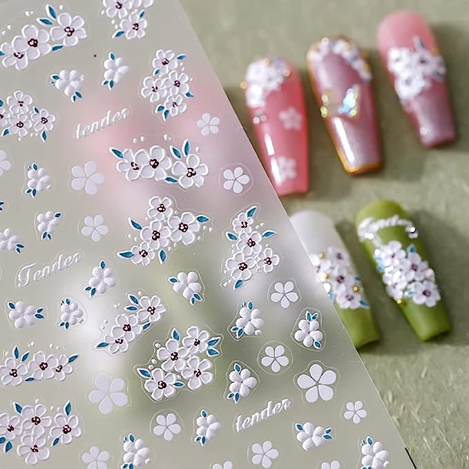 Elegant White Flower Nail Art Stickers, 5D Design for DIY Manicures