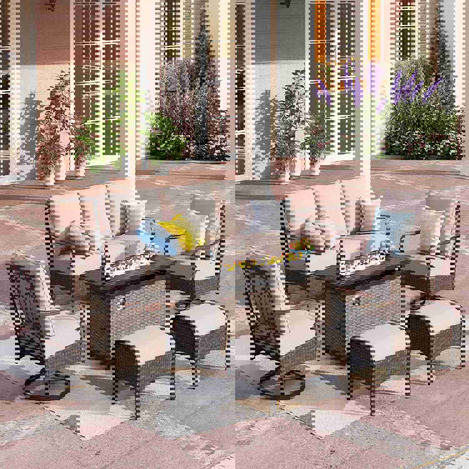 Phi Villa 7-Piece Outdoor Rattan Sofa Set with Fire Pit