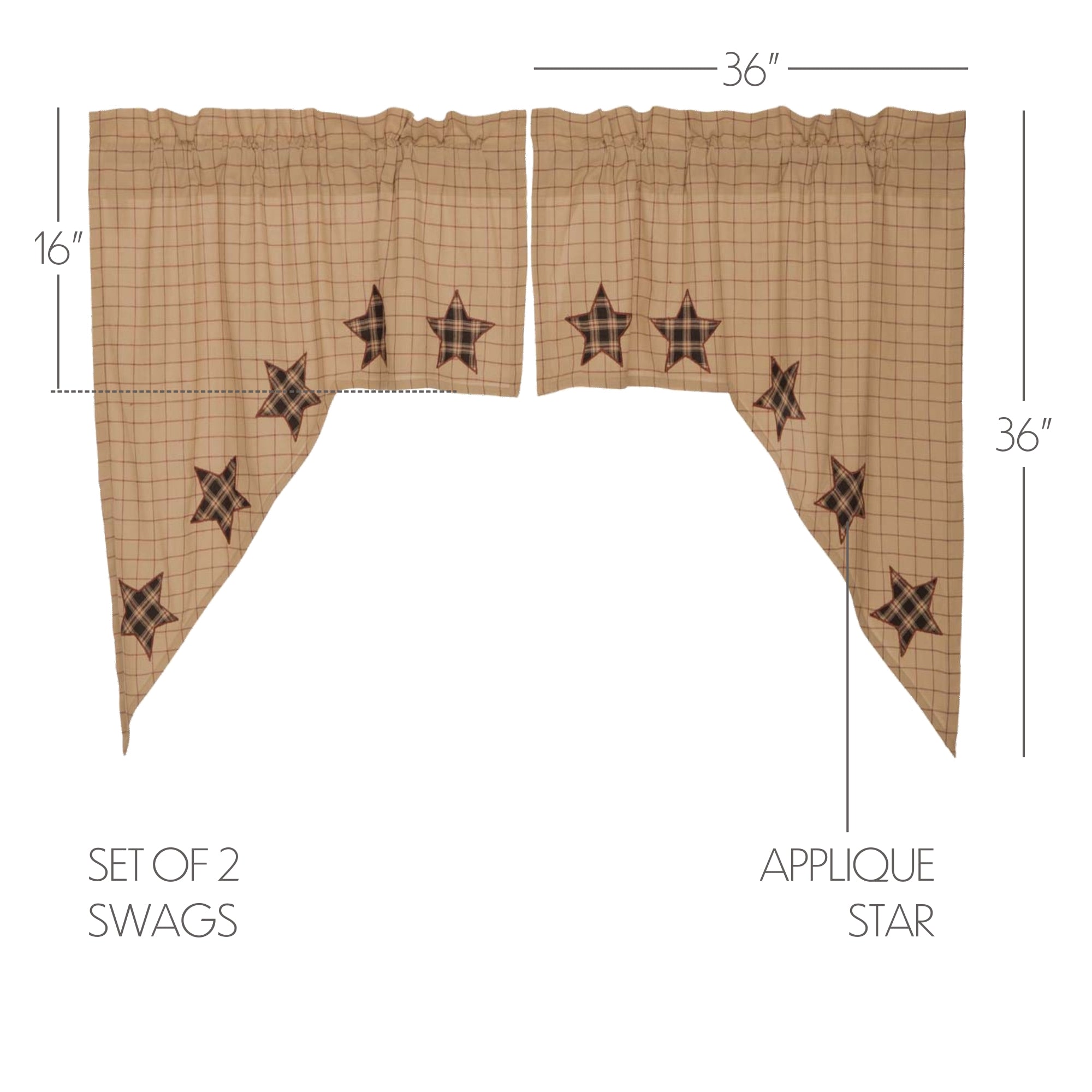 Rustic Country Style Window Swag Set with Applique Stars