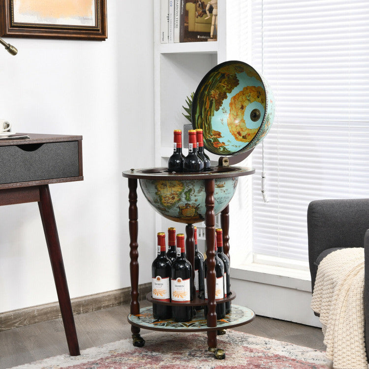Vintage Globe Wine Bar Cabinet with 16th Century Italian Map and Liquor Bottle Shelf