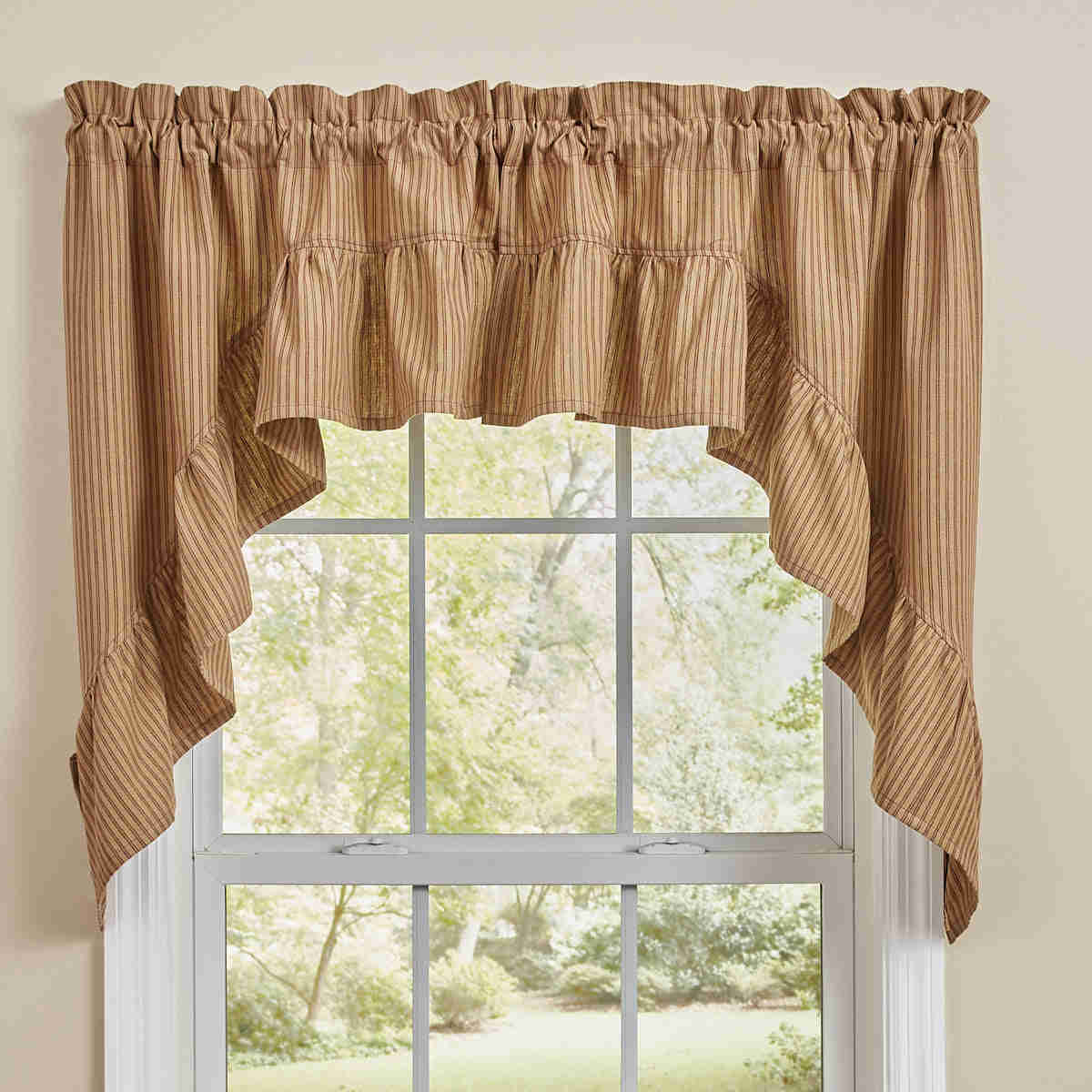 Sturbridge Ticking Ruffle Swag - Elegant Wine & Tan Window Treatment