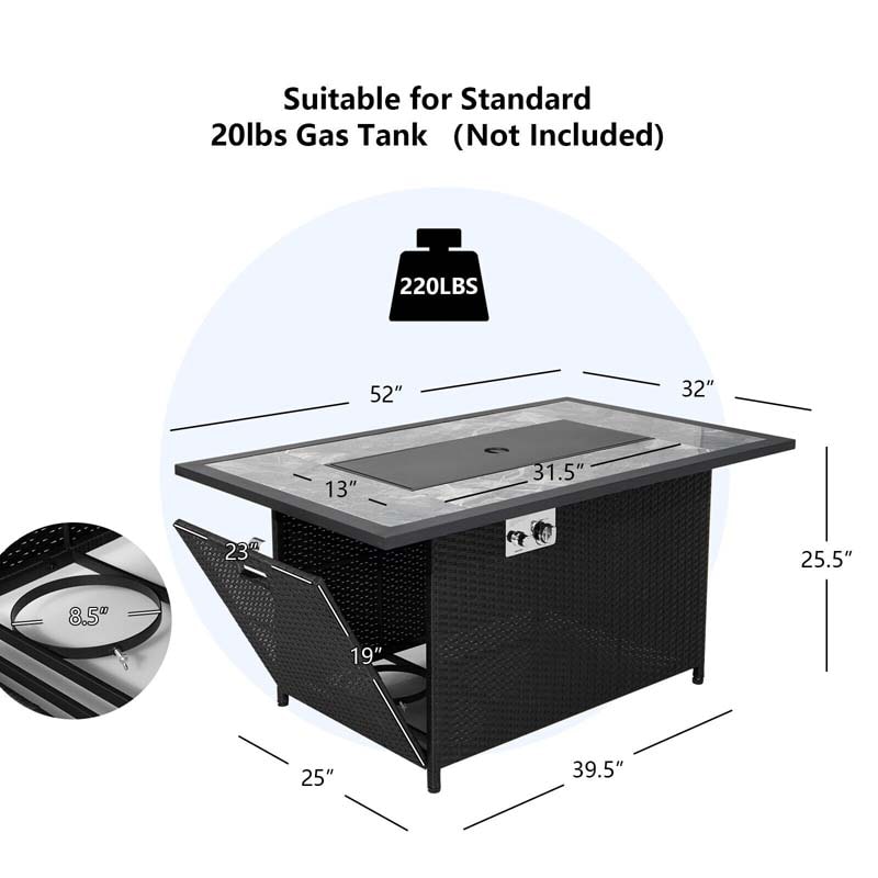 Luxury Outdoor Propane Gas Fire Pit Table with Rattan and Marble