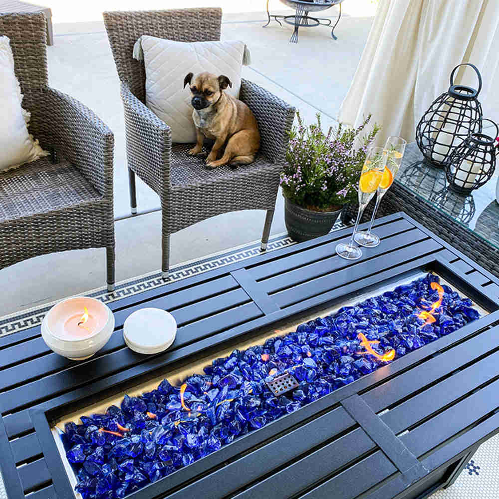 PHI VILLA 50,000 BTU Outdoor Rectangle Metal Gas Fire Pit Table with Blue Glass