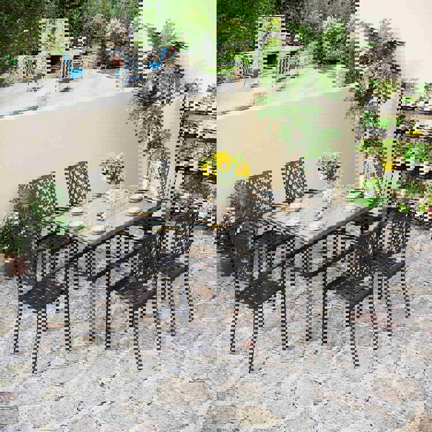 PHI VILLA 7-Piece Rust-Resistant Outdoor Patio Dining Set with Metal Steel Chairs and Wood-Look Table