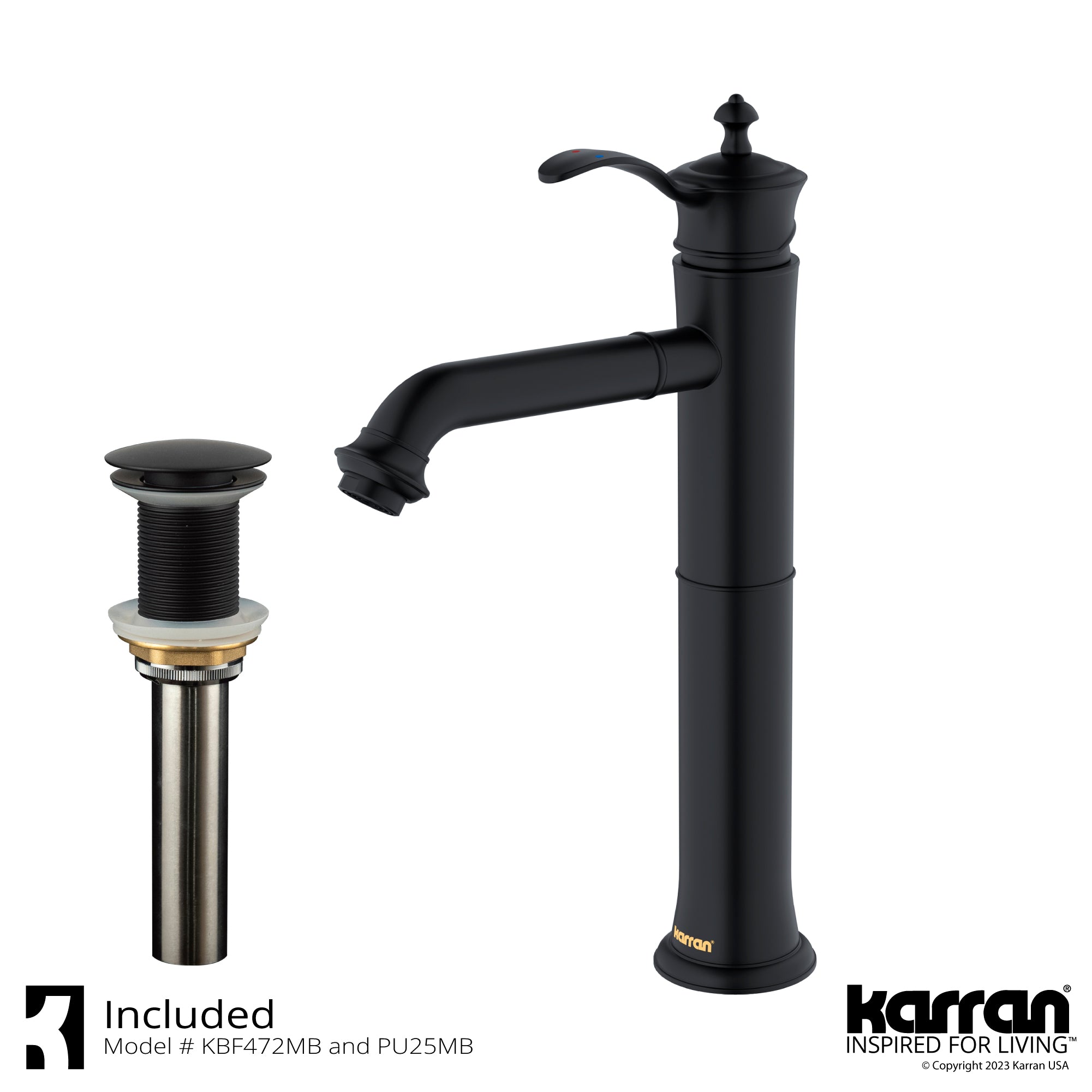 Karran Vineyard Matte Black Bathroom Vessel Faucet, 1.2 GPM, Lead-free Brass