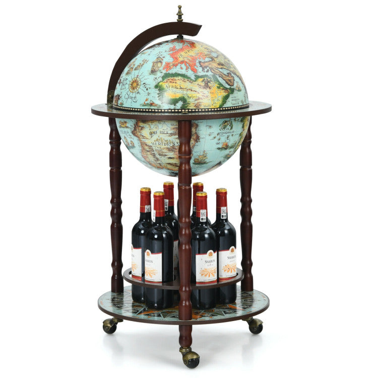 Vintage Globe Wine Bar Cabinet with 16th Century Italian Map and Liquor Bottle Shelf