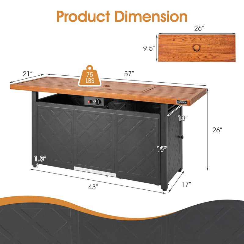 57" Rectangular Outdoor Propane Gas Fire Pit Table with Auto-Ignition
