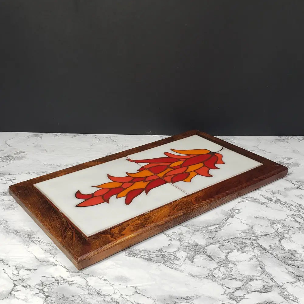 Vintage Italian Red Pepper Tile Trivet, Wood Wall Decor