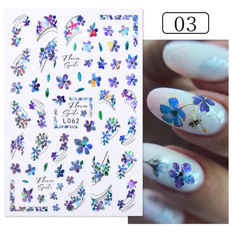 Glamorous 3D Nail Sticker Set, Red Flowers & Colorful Butterfly Leaf Pattern