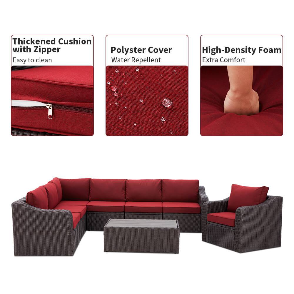 8-Piece Outdoor Sectional Sofa Set with 44" Propane Gas Fire Pit, Brown Rattan, Red Cushions & Coffee Table