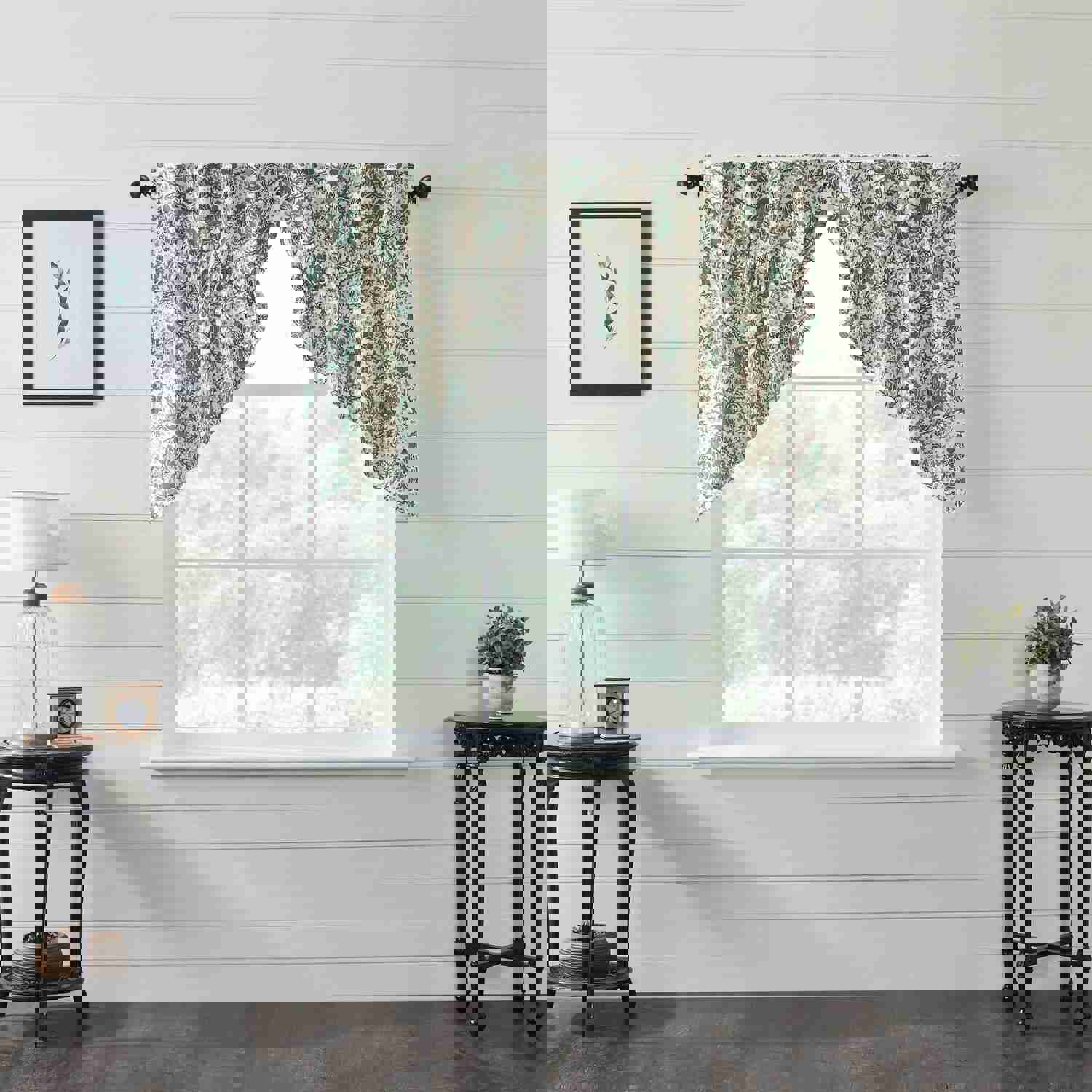 Elegant Dorset Green Floral Lined Prairie Swag Curtains